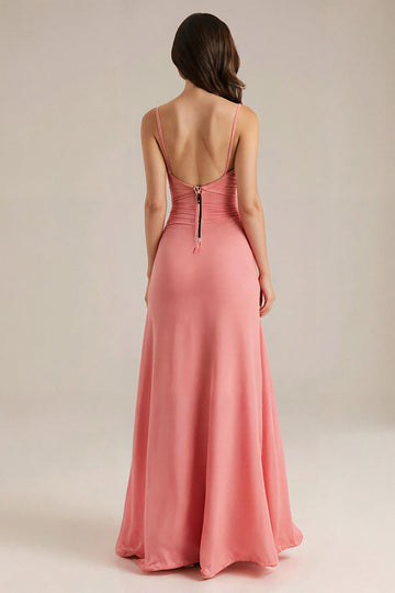 Peach V Neck A Line Long Evening Dress